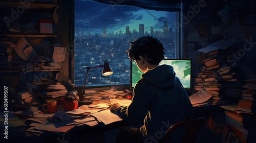 Cool Lofi boy studying at her desk Rainy or cloudy outside beautiful chill atmospheric wallpaper 4K streaming background lofi hiphop style Anime manga style