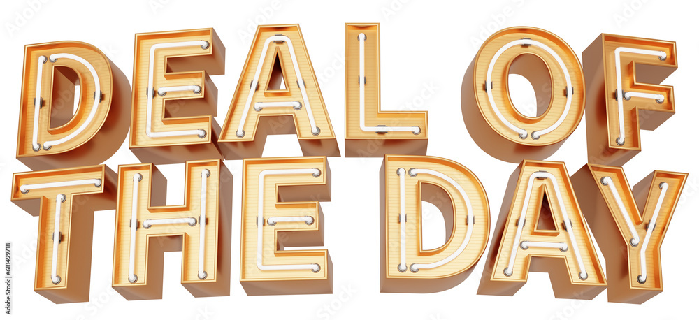 Golden 3d text with glowing neon tube. typography. 3D illustration. DEAL OF THE DAY. Golden 3d text with glowing neon tube. typography. 3D illustration. DEAL OF THE DAY.