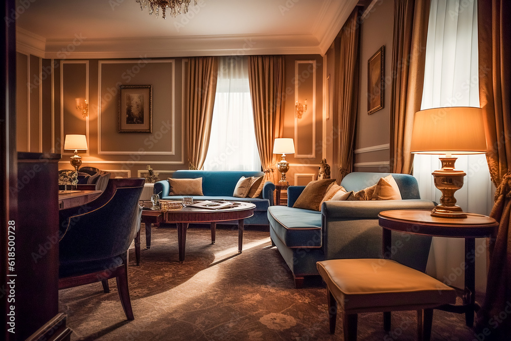 Fototapeta premium Elegant and luxurious interior of a high - end hotel room. AI Generated
