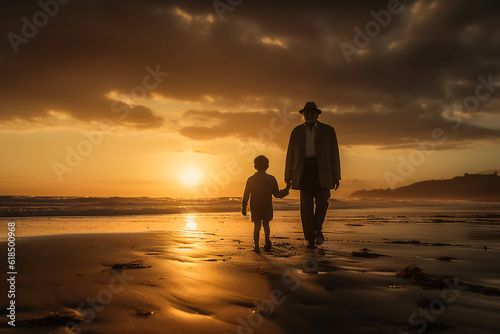 A father and son walk hand in hand along a beach. AI Generated © EwaStudio