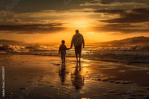 A father and son walk hand in hand along a beach. AI Generated