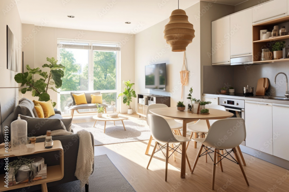 Fototapeta premium An interior in scandinavian style. Small living room and kitchen. Generative AI