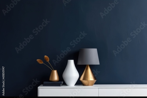 Minimalistic design scandinavian interior with blue wall. A golden lamp, accessories. Generative AI