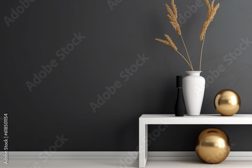 Minimalistic design scandinavian interior with grey wall. A golden lamp and table. Generative AI