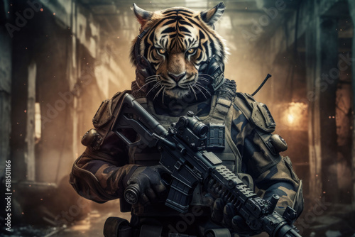 Tiger in body armor and with a machine gun. Beast in an armor with glowing eyes. Generative AI