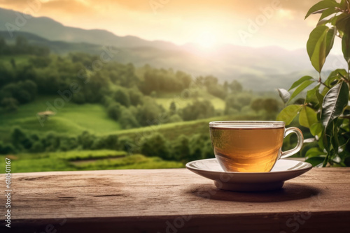 Tea cup with on the wooden table and the tea plantation on blurred background. Generative AI