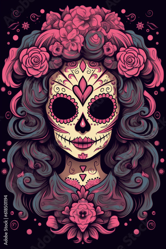 La Catrina dia de muertos Figur mit Maske / Make-up. Dekoriert mit Blumen. Tag der Toten in Mexico. Hochkant. Hochformat. Generative Ai.