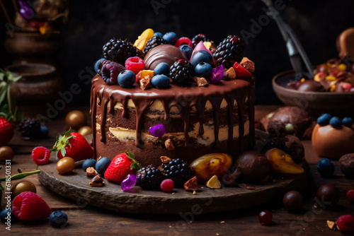 Decadent Chocolate Berry Cake.  Berry Blast Birthday Cake . Generative AI
