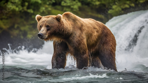 Brown bear catches salmon at waterfall. Ai Generated