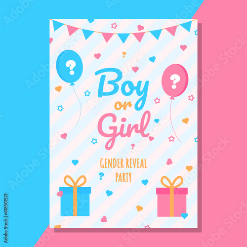 Vector gender reveal party invitation template with pink and blue balloons