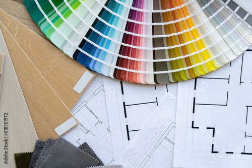 Photography Home floor plans, building blueprint projects, color scheme palette guide catalog with colour swatches, wooden flooring and furniture material samples