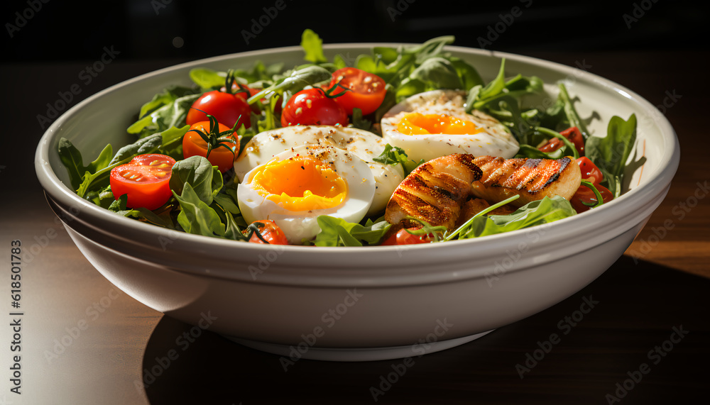 cherry tomatoes salad with boiled egg and fried shrimp served in a bow cherry tomatoes salad with boiled egg and fried shrimp served in a bow