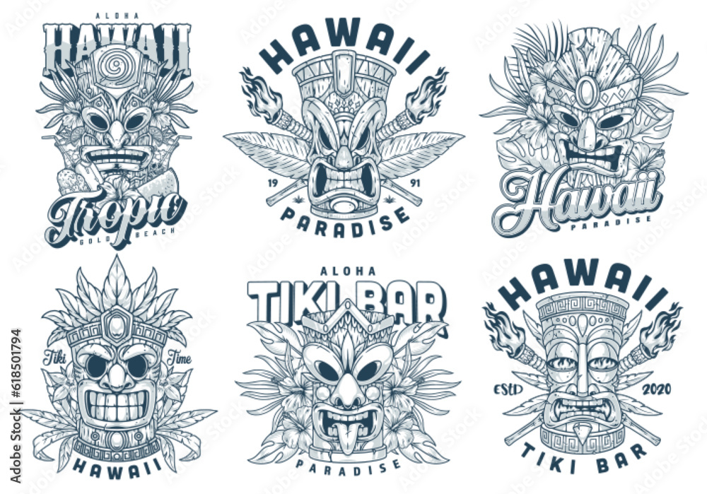 Fototapeta premium Hawaiian tiki mask set emblems