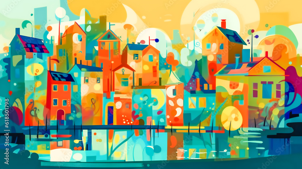 Colorful Cartoon Houses. Generative AI