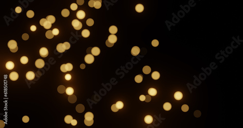 Beautiful abstract shiny light and gold glitter bokeh isolated on black background. 3d rendering