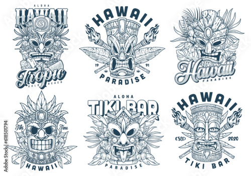 Hawaiian tiki mask set emblems