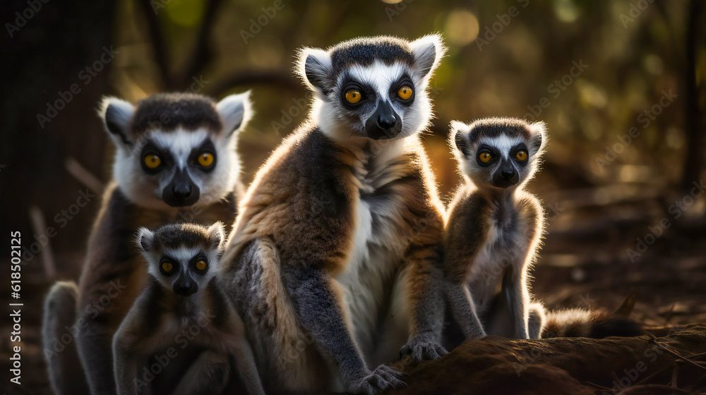 Obraz premium Curious Lemur Family Investigating Their Surroundings. Generative AI