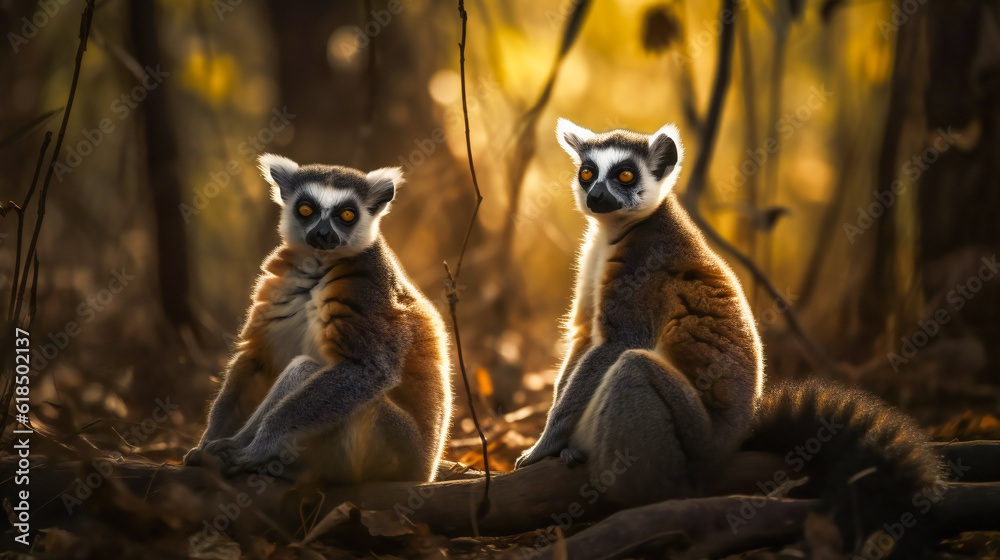 Fototapeta premium Curious Lemur Family Investigating Their Surroundings. Generative AI