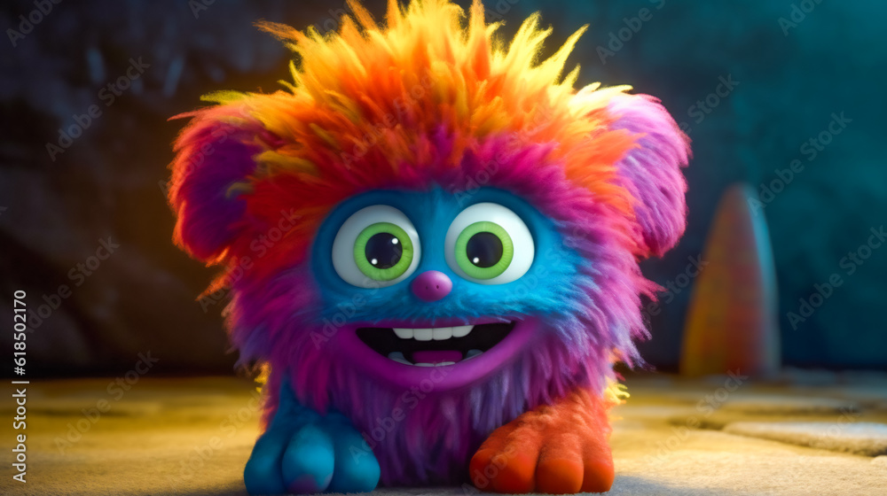Cute and cuddly monster. Furry friend with big, friendly eyes and a cheerful grin. Generative AI