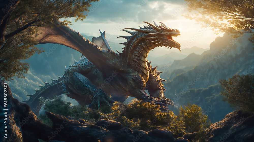 Dragon on the peak of a mountain. Generative AI Dragon on the peak of a mountain. Generative AI