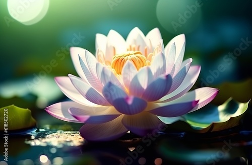 Close-up view of a beautiful water lily flower on a blurred natural background. Made with Generative AI technology