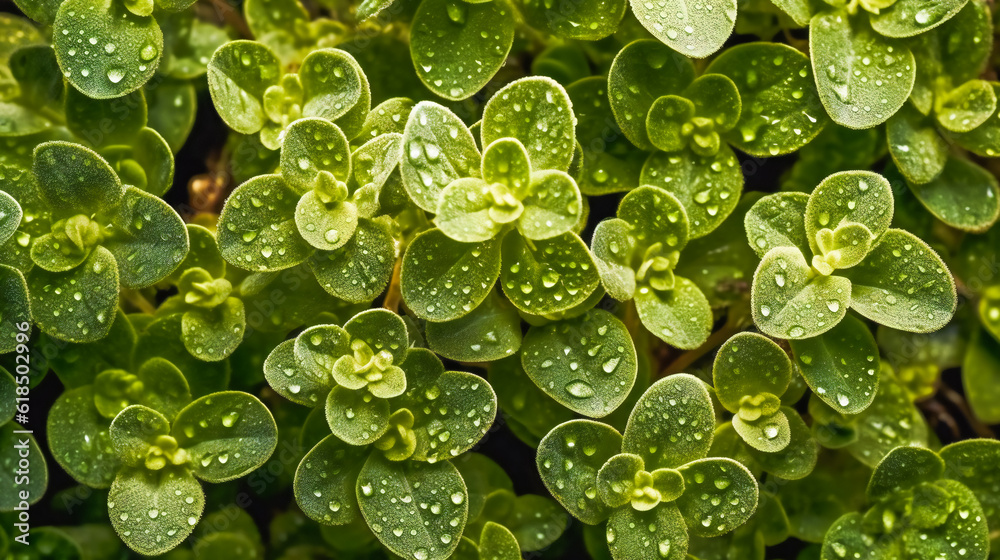 Glistening Water Droplets on Fresh Oregano Leaves. Generative AI