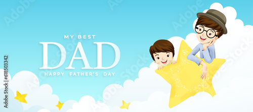 Cute happy father and son with star, happy father day, print, artwork, doodle, vector illustration (Vector)