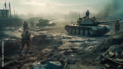 Thundering Tank on the Battlefield.  In the Heart of the Battle. Generative AI