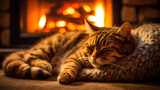 close up of a cat, nestled on a cozy rug near a crackling fireplace, AI generated.