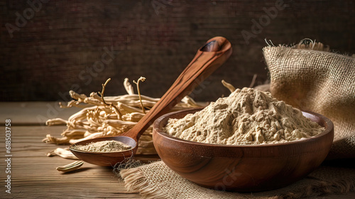Ashwagandha, ashwagandha root finely ground, small bowl, wooden spoon, Soft natural light, earthy tones, neutral background, wooden board, burlap cloth, yellow hue. Generative AI