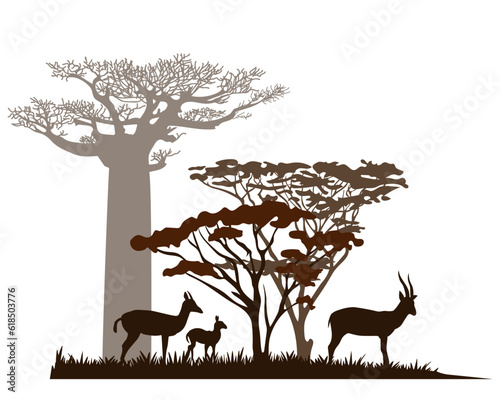 African savannah landscape with gazelles, antelopes silhouettes. Vector illustration.