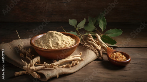 Ashwagandha, ashwagandha root finely ground, small bowl, wooden spoon, Soft natural light, earthy tones, neutral background, wooden board, burlap cloth, yellow hue. Generative AI photo