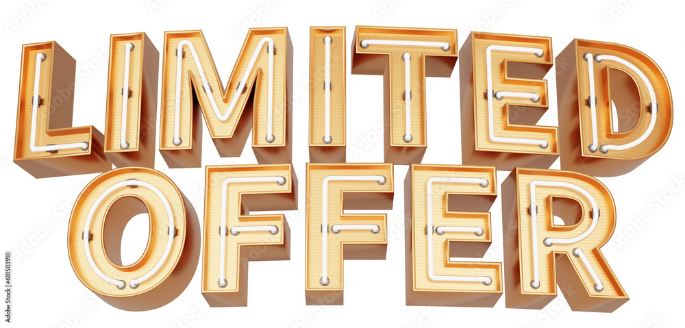 Golden 3d text with glowing neon tube. typography. 3D illustration. LIMITED OFFER. Golden 3d text with glowing neon tube. typography. 3D illustration. LIMITED OFFER.
