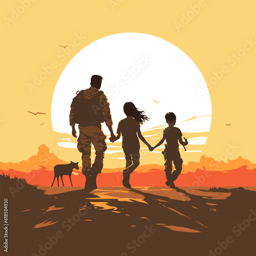 Soldier Family Reunion heartwarming scene vector illustration