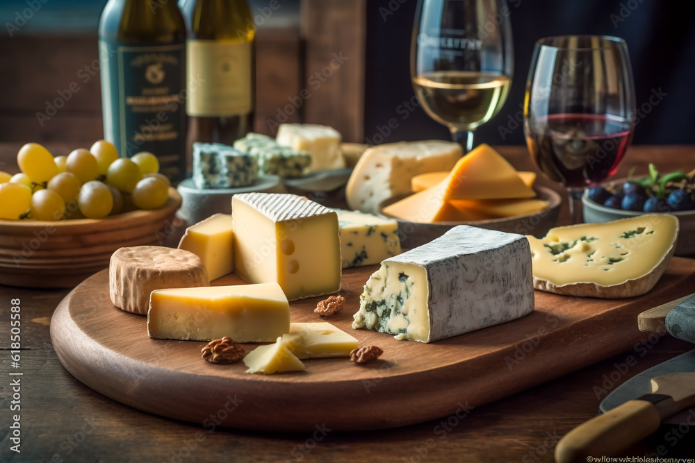 Selection Of Cheese And Wine. AI Generated Selection Of Cheese And Wine. AI Generated
