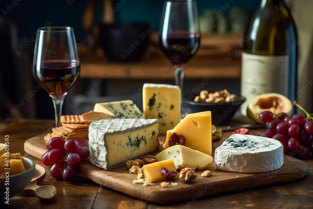 Selection Of Cheese And Wine. AI Generated Selection Of Cheese And Wine. AI Generated
