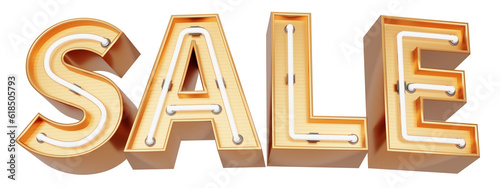Golden 3d text with glowing neon tube. typography. 3D illustration. SALE.