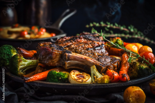 Tender pork ribs grilled to perfection and served with a mouthwatering array of fried vegetables cooked over an open fire. . Generative AI