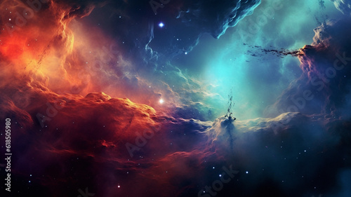 Galaxy, solar system and dust cloud in dark sky of astrology, universe and nebula cosmos for science research. Ai generated, color and space flare with supernova, explosion and cosmic gas background © Joel/Peopleimages - AI