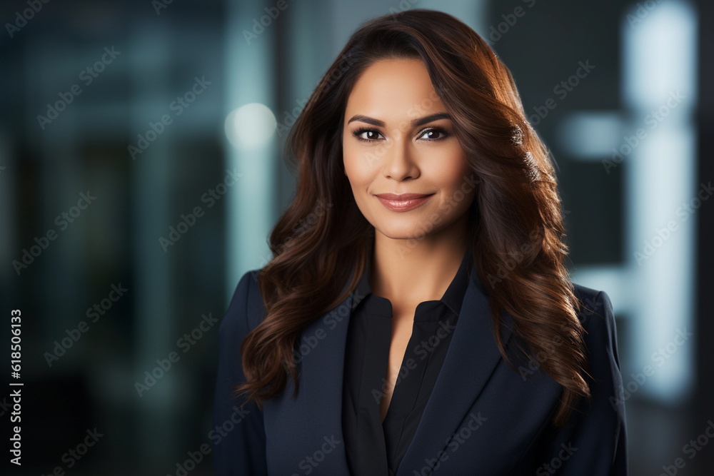 Hispanic female executive standing in a modern office setting, dressed in formal business attire. Hispanic female executive standing in a modern office setting, dressed in formal business attire.