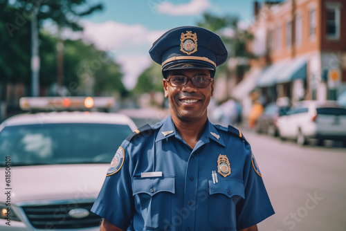 Portrait of a uniformed African American police officer on the street