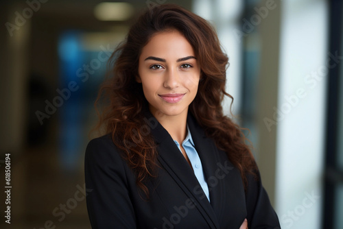 Hispanic female executive standing in a modern office setting, dressed in formal business attire.