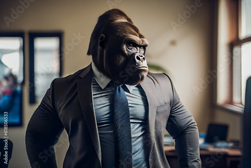 Smart Gorilla at the Office.  Worker Gorilla in Suit. Generative AI © EwaStudio