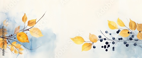 abstract Autumn foliage banner background, branch, twigs and berries, blue gold color, Generative Ai