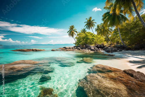 Beautiful beach with palms and turquoise sea. AI Generated