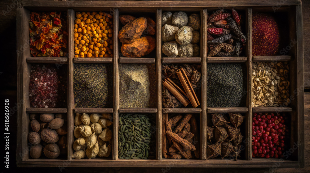 variety of most most popular spices in a wooden box. Ai Generated variety of most most popular spices in a wooden box. Ai Generated