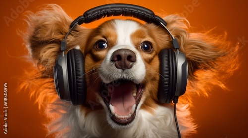 A dog listening to music with headphones on and really enjoying it, Generative AI photo