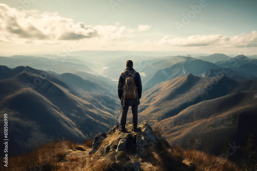 a person standing at the top of a mountain, looking out at the stunning view. Generative AI....