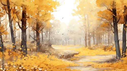 watercolor style illustration yellow Autumn woods banner background  Generative Ai
