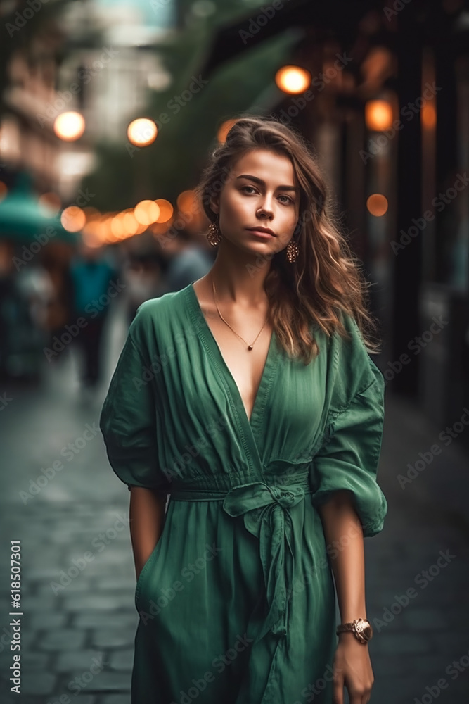 young beautiful caucasian woman in green dress walking in city center. AI Generated young beautiful caucasian woman in green dress walking in city center. AI Generated